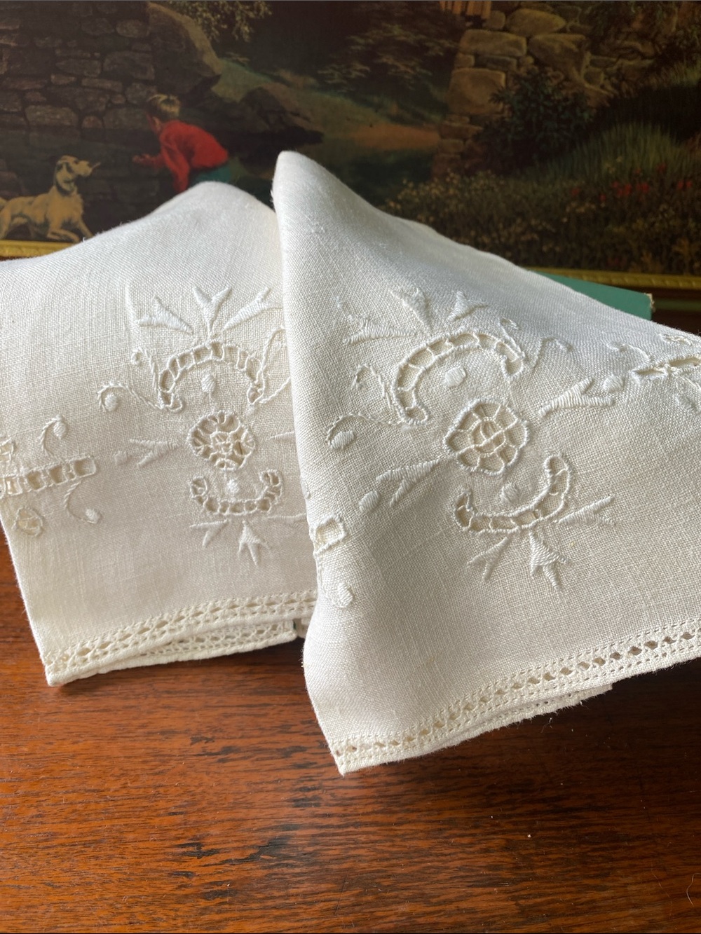 Vintage 2 Hand-Embroidered Cream Linen Napkins